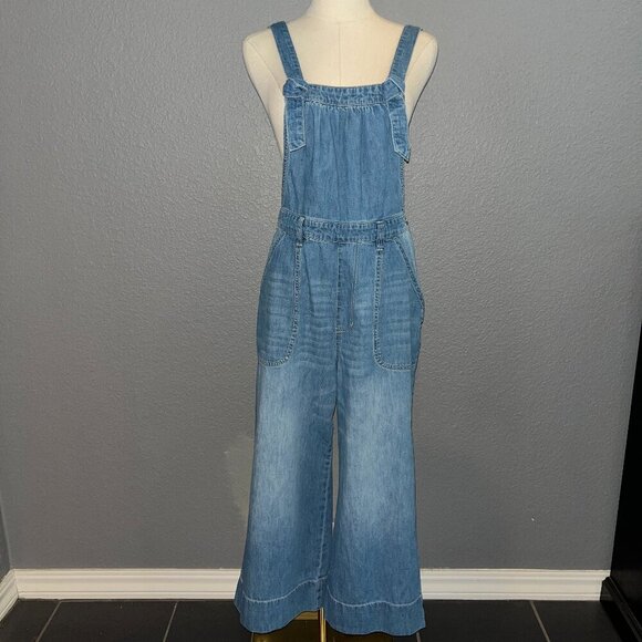 ATHRO ANTHROPOLOGIE PILCRO WIDE LEG CROPPED TIE STRAPS BIB OVERALLS - DENIM - 27 - Picture 1 of 16